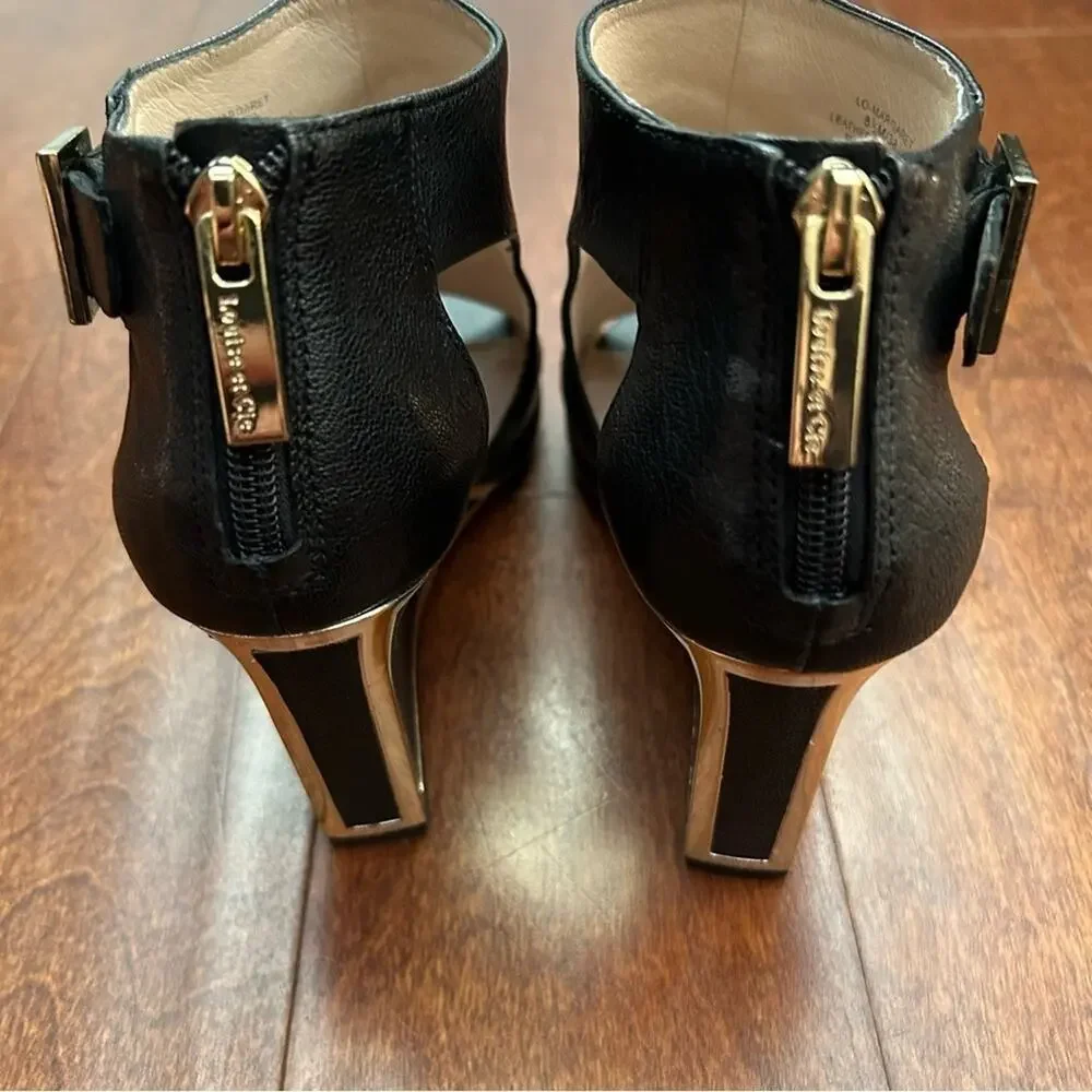 Louise et Cie Black Leather Wedge Heel Peep Toe Shoes, Gold Detailing Size 8.5